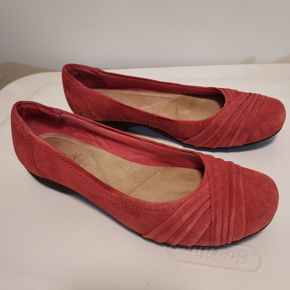 Clarks Brick Suede Comfort slip on flats.